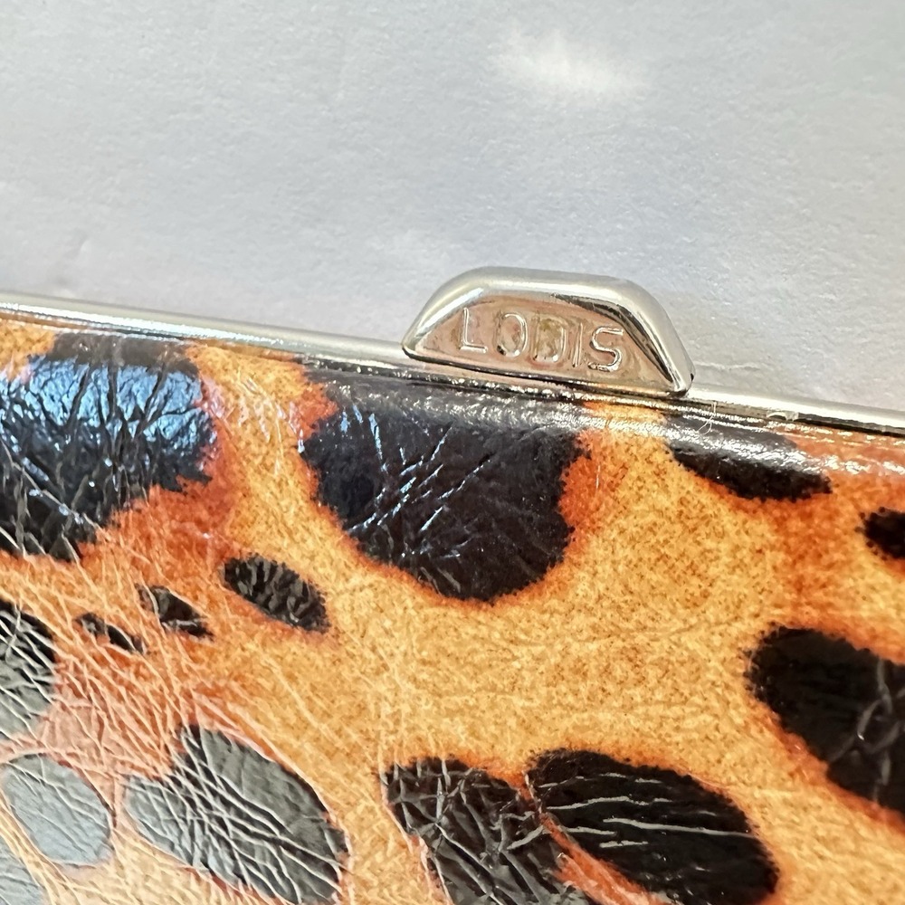 LODIS Quinn Clutched Framed Leather Wallet Leopard Brown/Black RFID Slim Party - Picture 2 of 9